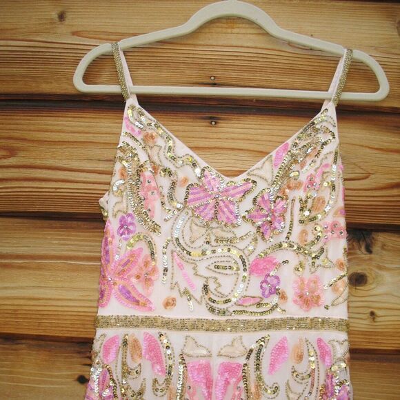 MAC DUGGAL 5671 Beige V Neck Floral Embellished Spaghetti Strap Gown Dress - Picture 8 of 14